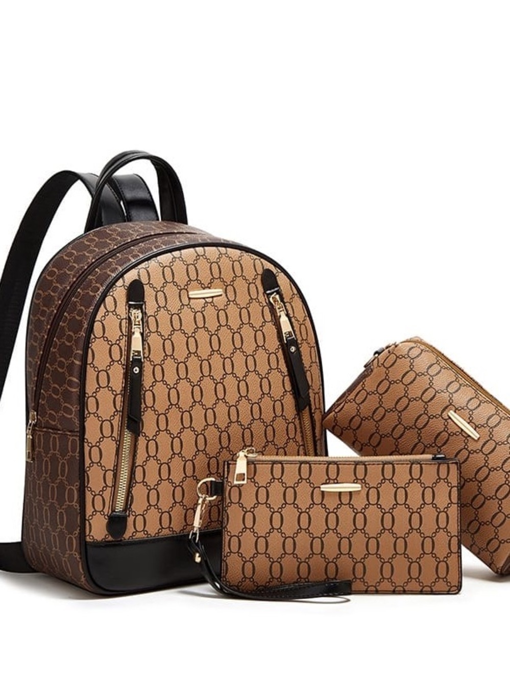No Boundaries Brown Patterned 3-Piece Backpack Set with Gold Accents